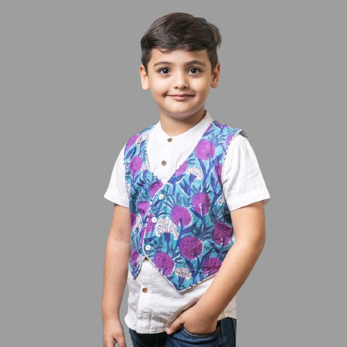 Two Piece Blue Cotton Block Print Floral Print Sleeveless Jacket With Plain White Shirt For Boys