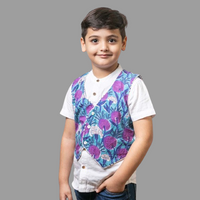 Thumbnail for Two Piece Blue Cotton Block Print Floral Print Sleeveless Jacket With Plain White Shirt For Boys