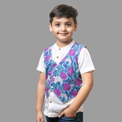 Mom & Boy Blue Floral Cotton Hand Block Printed Twinning Set Duo