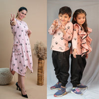 Thumbnail for Mom Son & Daughter Pink Paw Cotton Lycra Co-ord Set Trio
