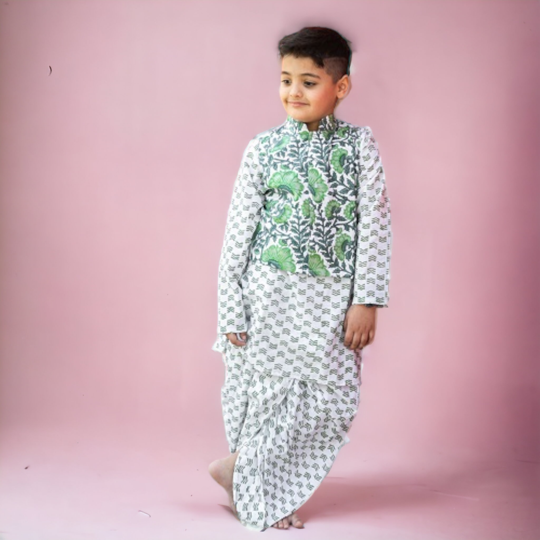 Green Three Piece Cotton Block Print Traditional Dhoti Kurta Jacket Set For Boys
