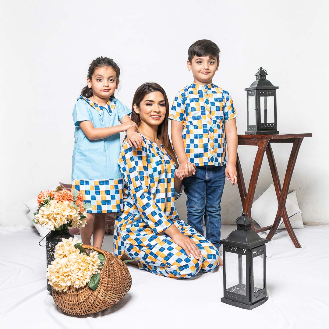 Mom & Son Blue Yellow Tiles Twinning Set Trio