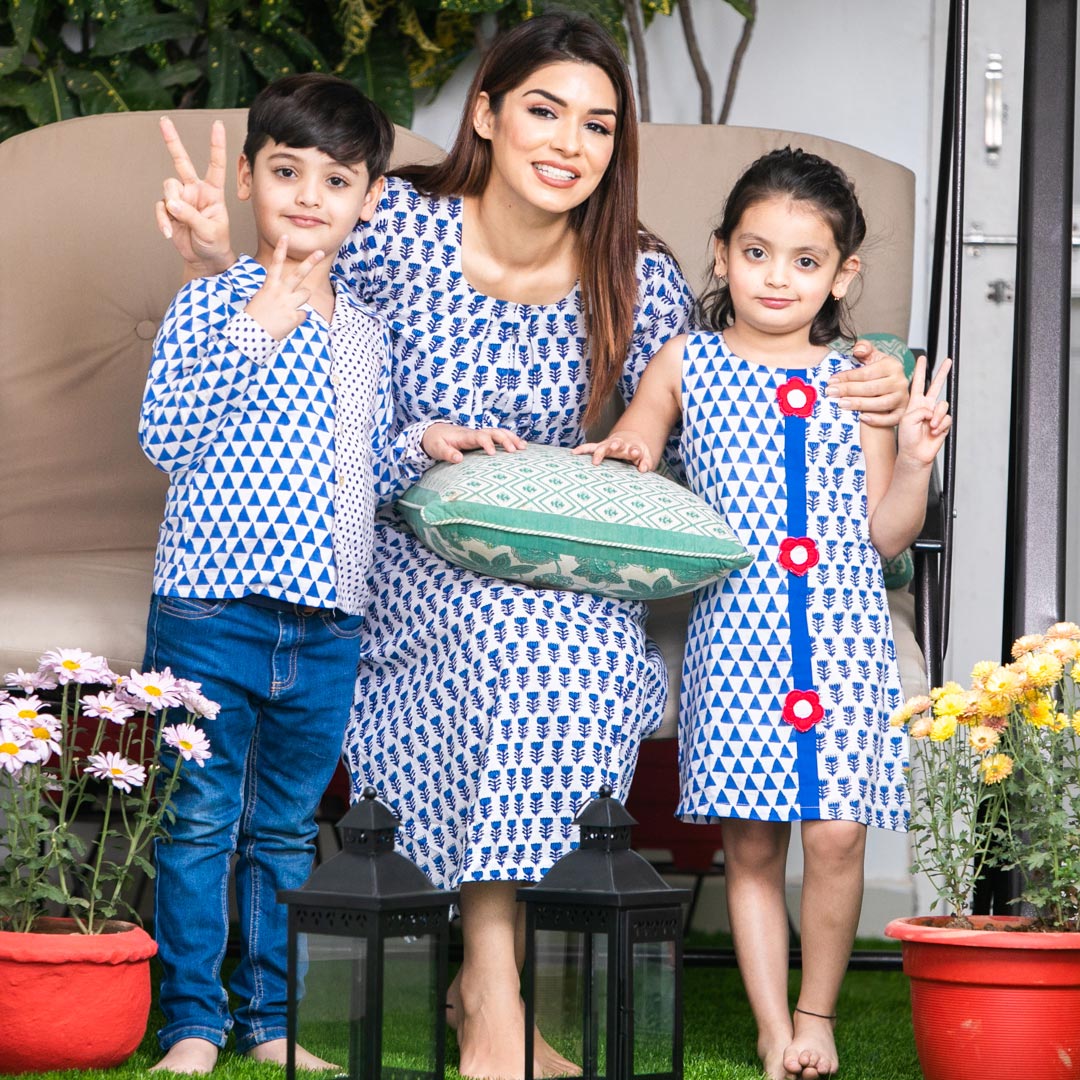 Mom & Son Blue Floral Cotton Handblock Printed Twinning Set Trio