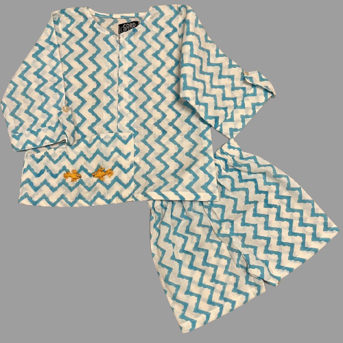 Embroidered White and blue chevron Block print Unisex Co-ord Set