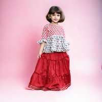 Thumbnail for Two Piece Red & White Traditional Cotton Block Print Long Skirt Top Set For Girls