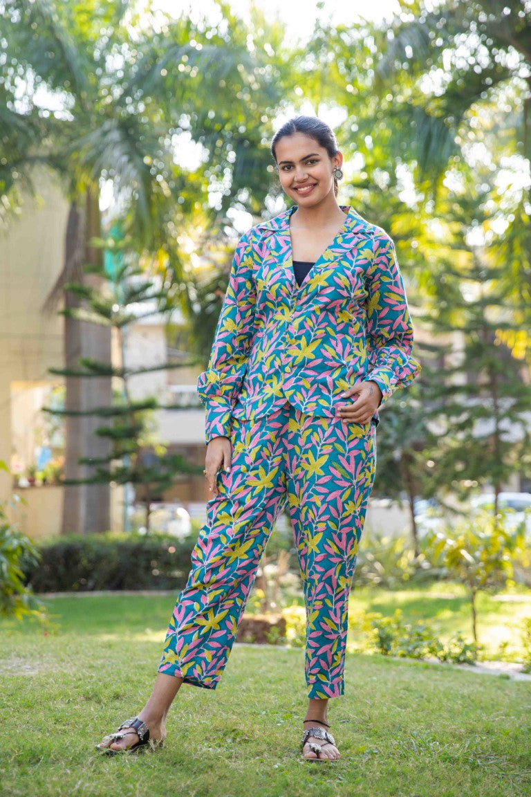Blue Green Two piece cotton pant and blazer set