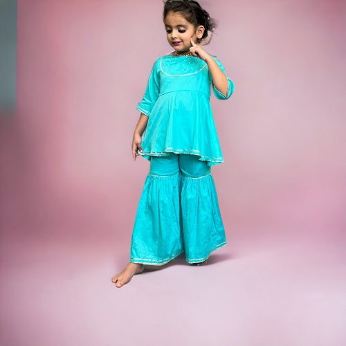 Boy & Solid Firozi Cotton Handemroidered twinning set Duo