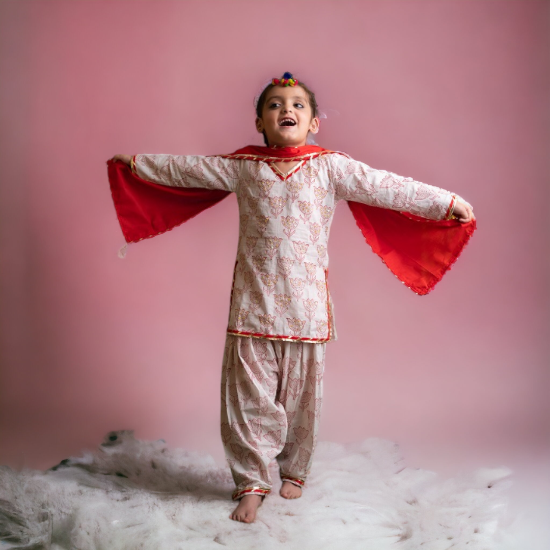 Three Piece White Red Cotton Block Print Embroidered Traditional Kurta Patiyala Salwar Dupatta Set Girls