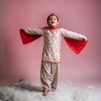 Thumbnail for Three Piece White Red Cotton Block Print Embroidered Traditional Kurta Patiyala Salwar Dupatta Set Girls