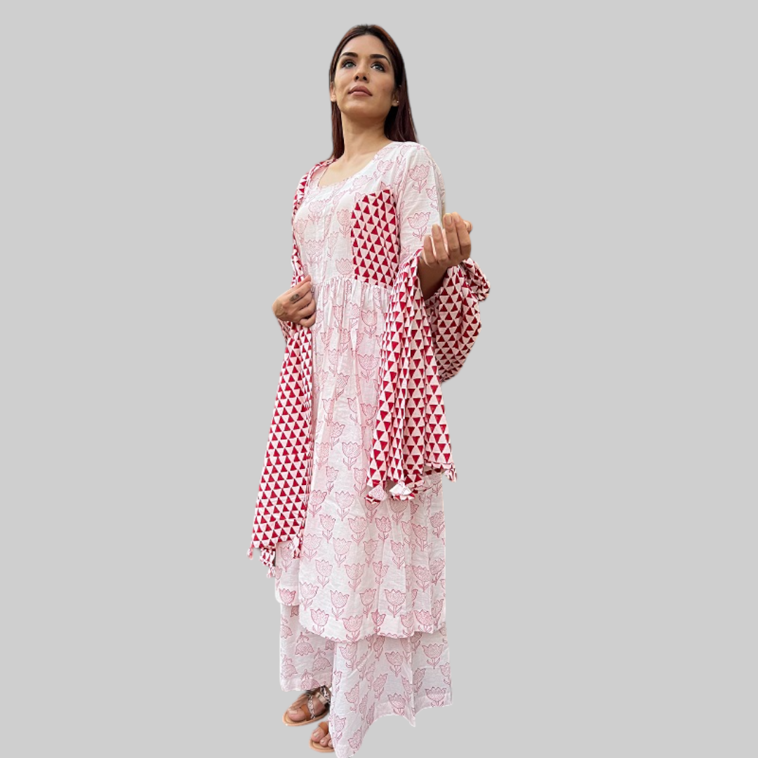 Red and White Three Piece Cotton Hand Block Print Kurta Palazzo Dupatta Set For Women