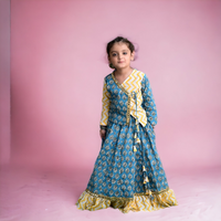 Thumbnail for Two Piece Blue Yellow Cotton Block Printed Lehenga Choli Set With Frills And Tassels For Girls