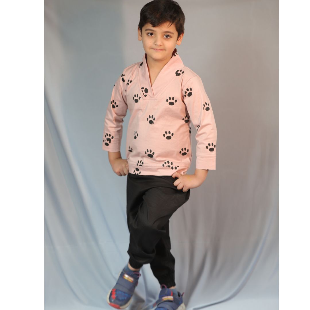 Mom & Son Pink Paw Cotton Lycra Co-ord Set Duo