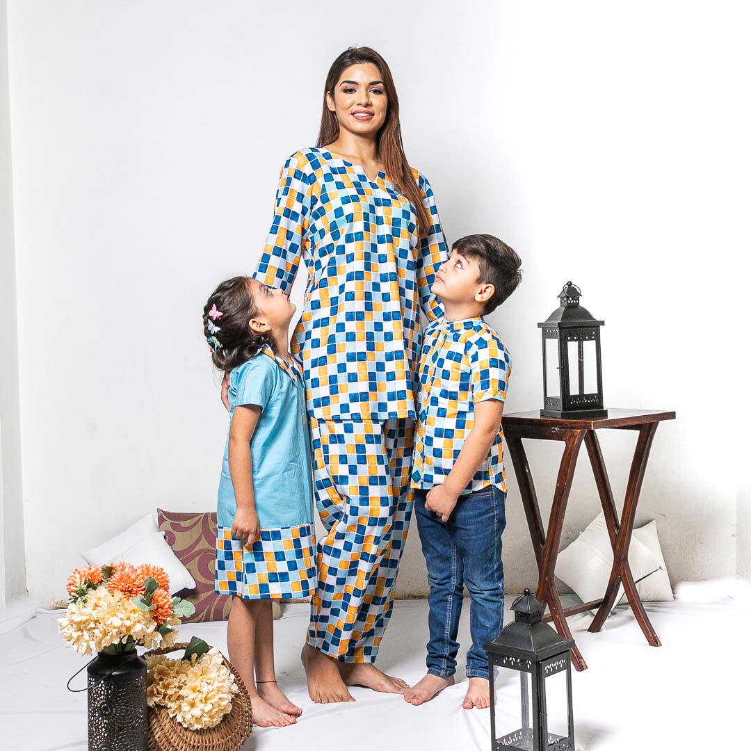 Mom & Son Blue Yellow Tiles Twinning Set Trio