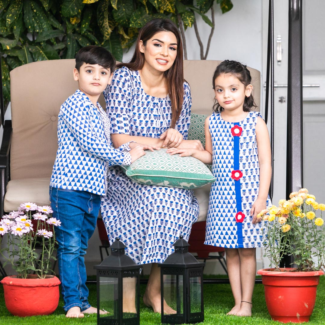 Mom & Son Blue Floral Cotton Handblock Printed Twinning Set Trio