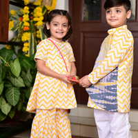 Thumbnail for Boy & Girl cotton handblock Printed Yellow Chevron twining set duo