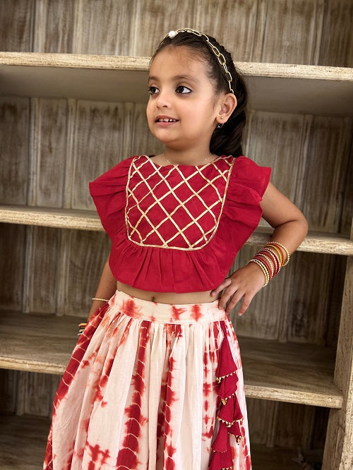 Red White Tie Dye Gota Work Lehenga Skirt Top Set For Girls