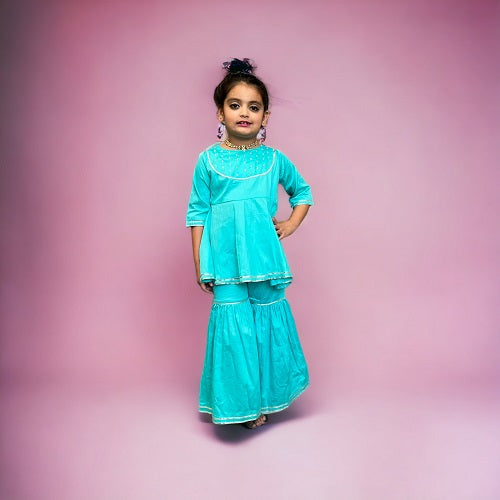 Solid Firozi Cotton Sharara Peplum Top Set