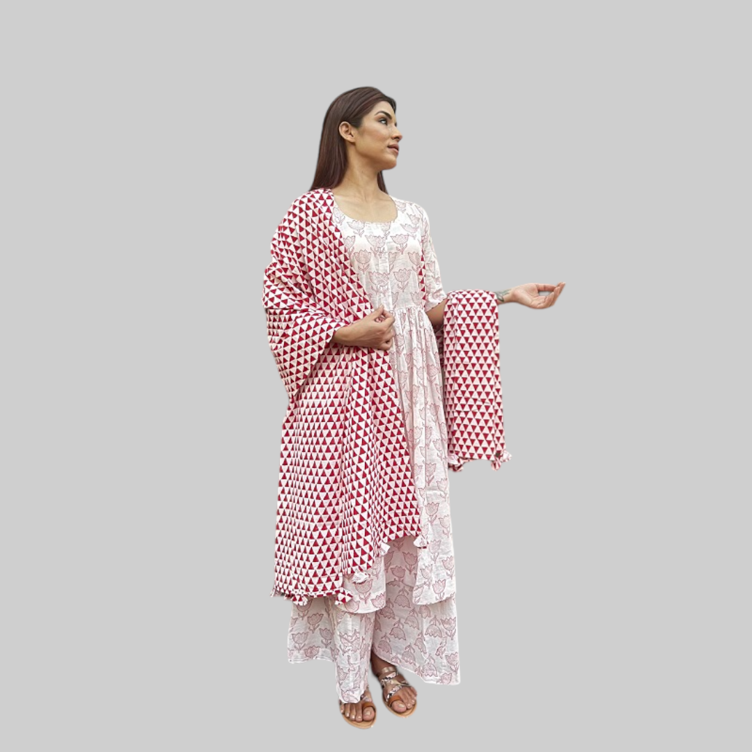 Red and White Three Piece Cotton Hand Block Print Kurta Palazzo Dupatta Set For Women