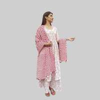 Thumbnail for Red and White Three Piece Cotton Hand Block Print Kurta Palazzo Dupatta Set For Women