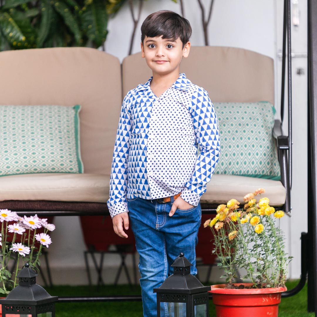 Mom & Son Blue Floral Cotton Handblock Printed Twinning Set Trio