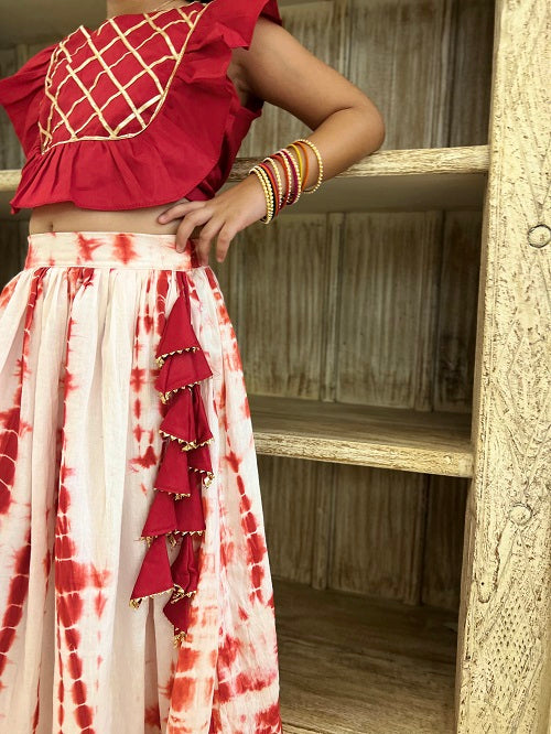 Red White Tie Dye Gota Work Lehenga Skirt Top Set For Girls