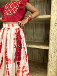 Thumbnail for Red White Tie Dye Gota Work Lehenga Skirt Top Set For Girls