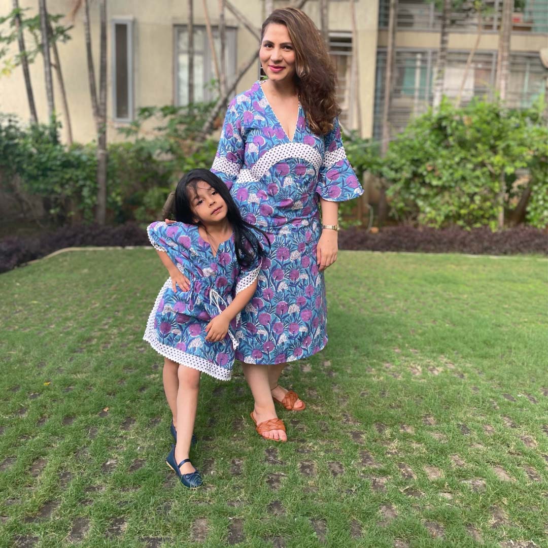 Mom & Son Blue Floral Cotton Hand Block Printed Twinning Set Trio