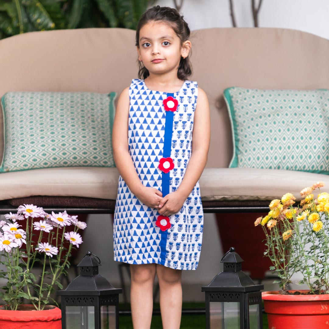 Mom & Son Blue Floral Cotton Handblock Printed Twinning Set Trio