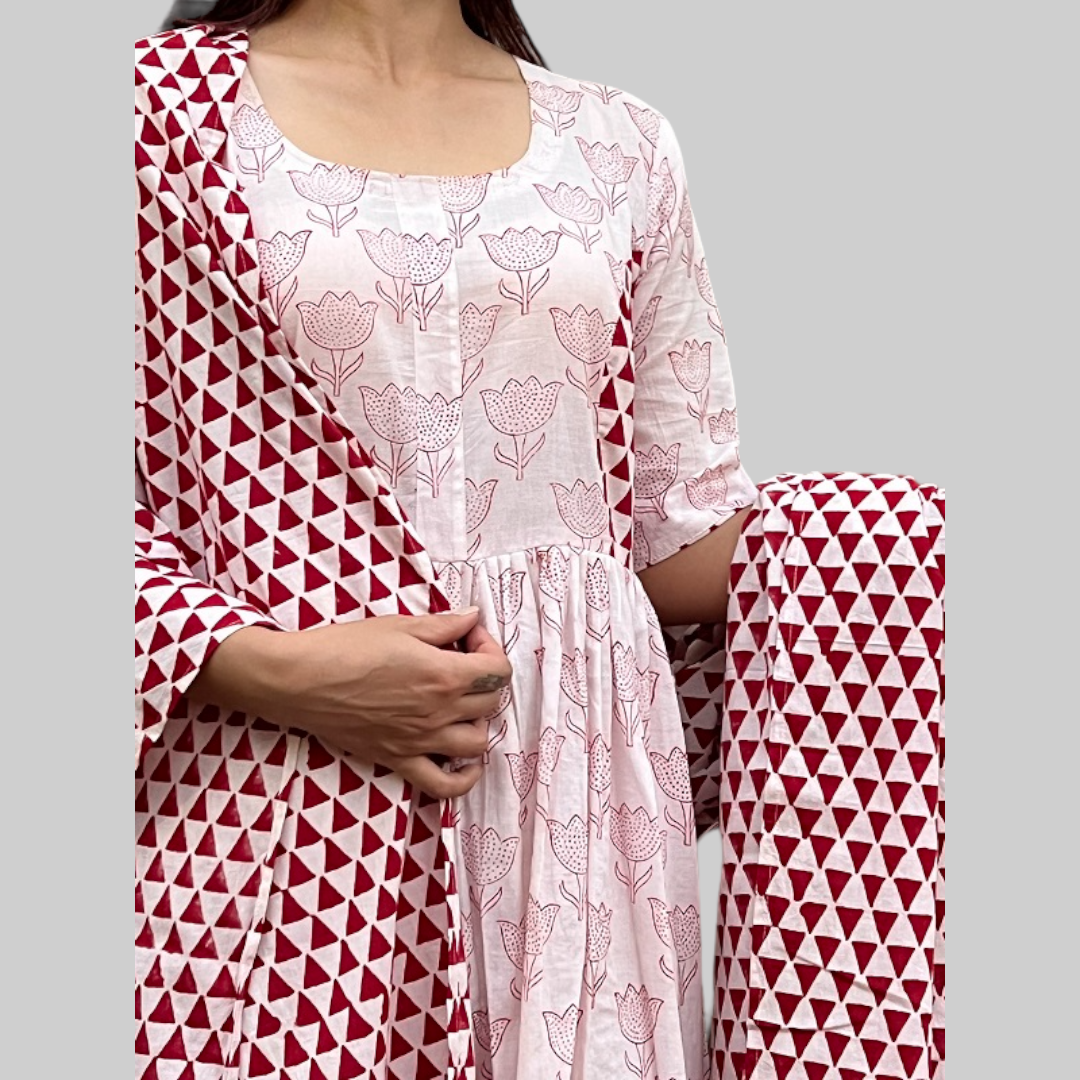 Red and White Three Piece Cotton Hand Block Print Kurta Palazzo Dupatta Set For Women