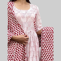 Thumbnail for Red and White Three Piece Cotton Hand Block Print Kurta Palazzo Dupatta Set For Women