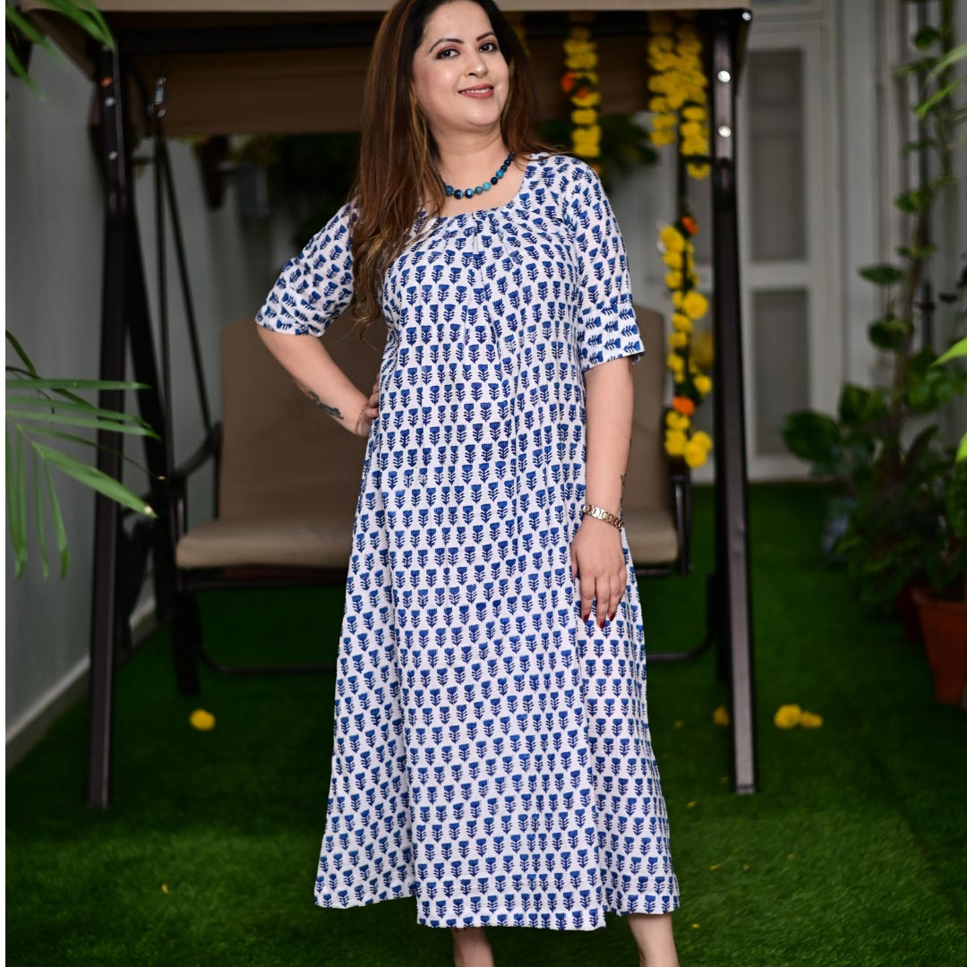 Mom & Son Blue Floral Cotton Handblock Printed Twinning Set Trio