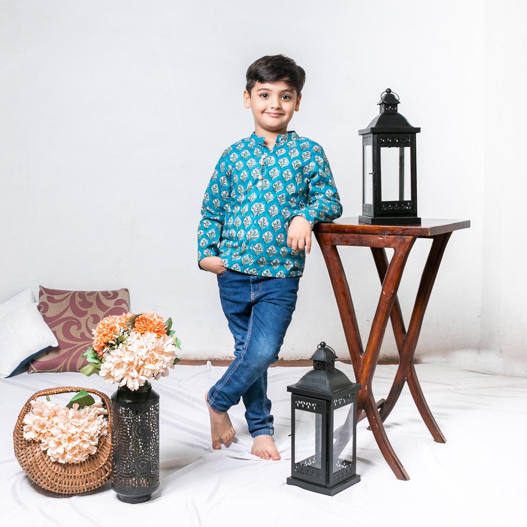 Mom & Son Blue Floral Cotton Hand Block Printed Twinning Set Duo