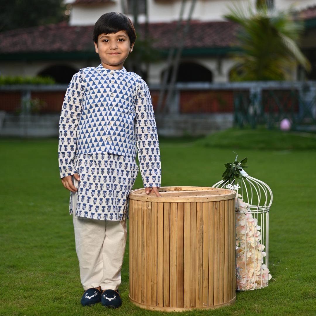 Mom & Son Blue Floral Cotton Handblock Printed Twinning Set Trio