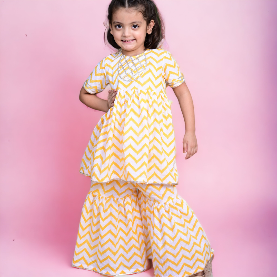 Yellow chevron Block Printed Cotton Sharara Kurta Set With Gota Embroidery For Girl