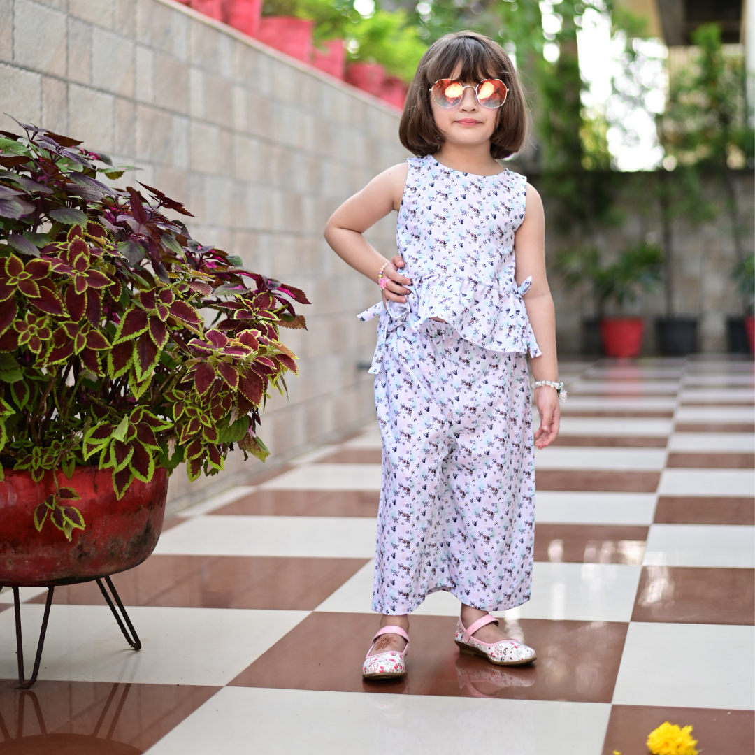 Two Piece White Floral Cotton Peplum Top And Culottes Set For Girls