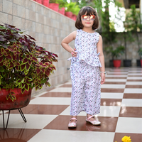 Thumbnail for Two Piece White Floral Cotton Peplum Top And Culottes Set For Girls