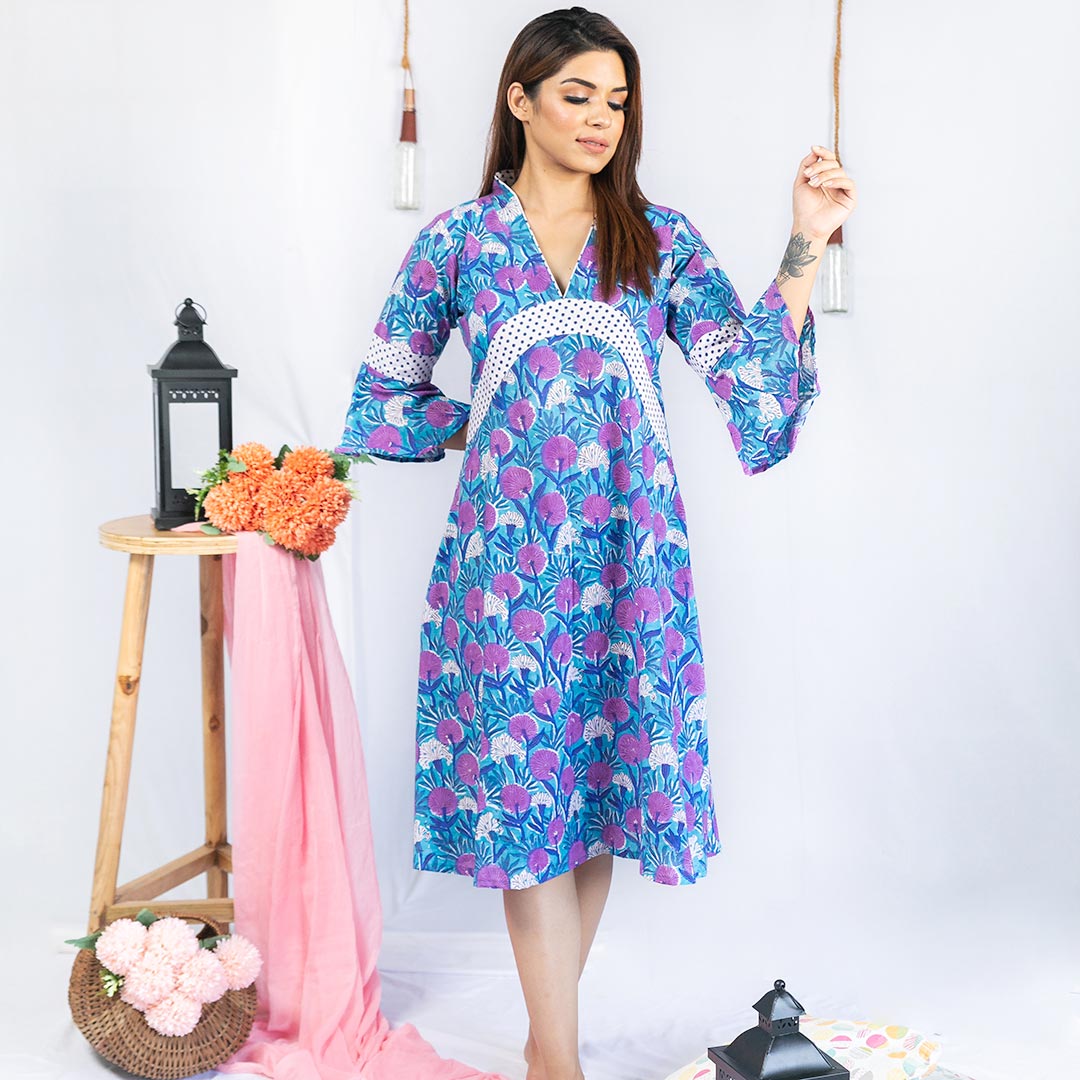 Mom & Son Blue Floral Cotton Hand Block Printed Twinning Set Trio