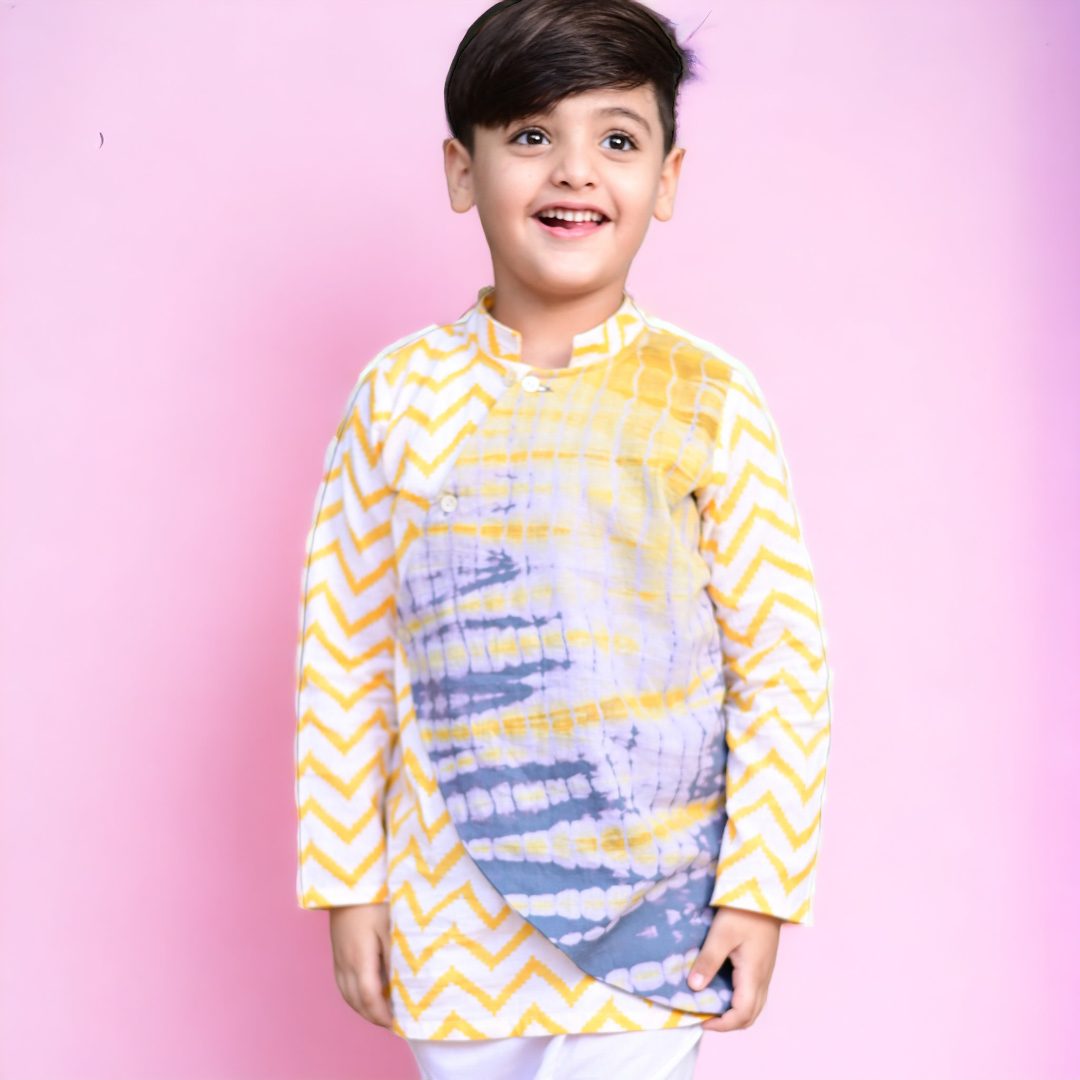 Yellow Cotton Block Print Chevron Overlap shibori Traditional Kurta Pyjama Set For Boys