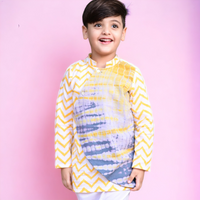 Thumbnail for Yellow Cotton Block Print Chevron Overlap shibori Traditional Kurta Pyjama Set For Boys