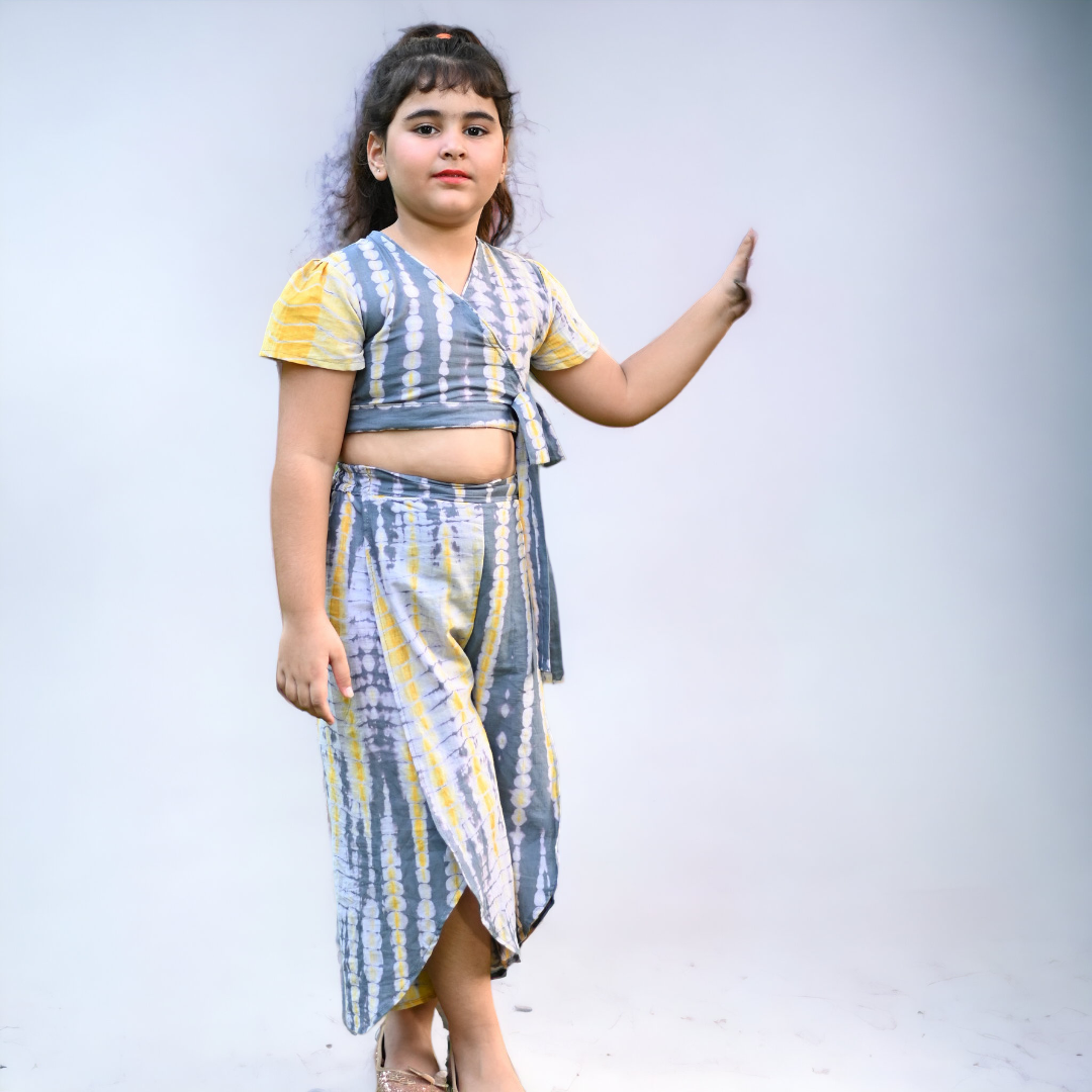 Two Piece Grey & Yellow Cotton Shibori Print Palazzo And Crop Top Set For Girls