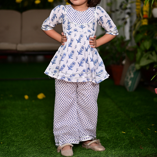 Mom & Daughter Blue & White Cotton Hand Block Printed Twinning Set Duo