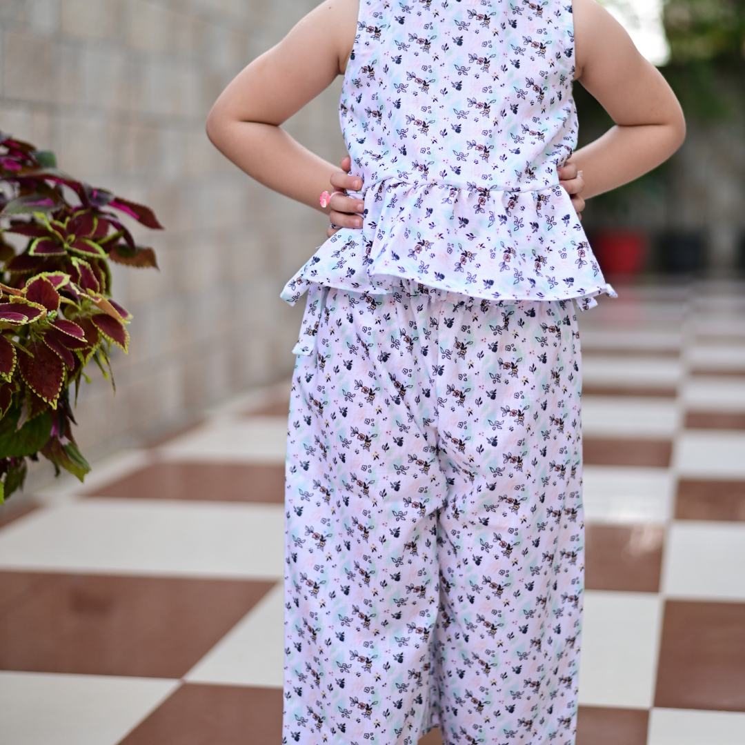 Two Piece White Floral Cotton Peplum Top And Culottes Set For Girls