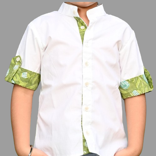 White Cotton with Green Block Print Folded Sleeves Shirt For Boys