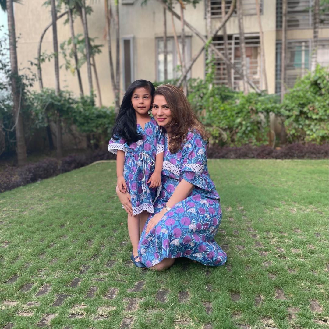 Mom & Son Blue Floral Cotton Hand Block Printed Twinning Set Trio