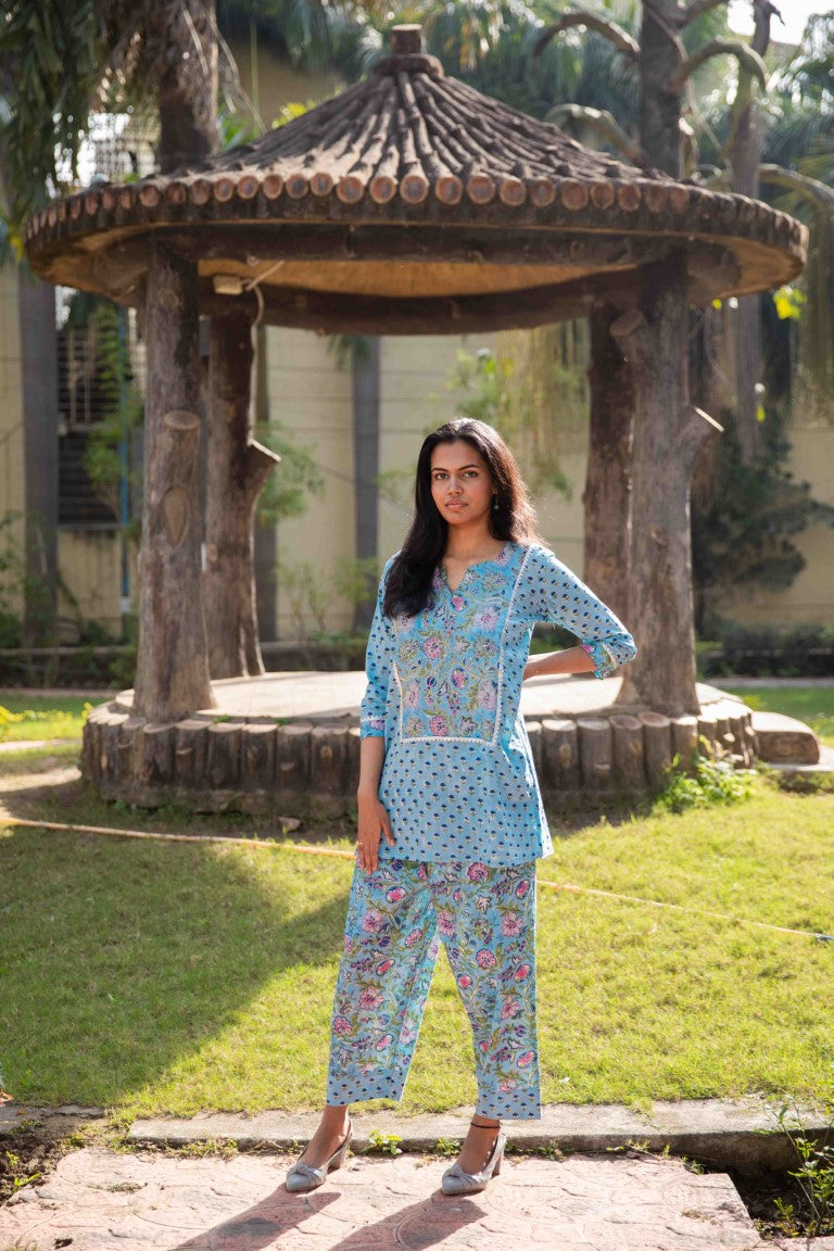 Blue Floral Handblock Print Emroydered Co-ord Set