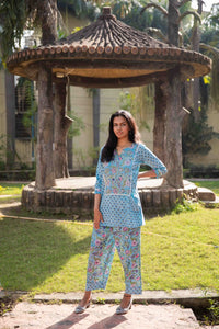 Thumbnail for Blue Floral Handblock Print Emroydered Co-ord Set