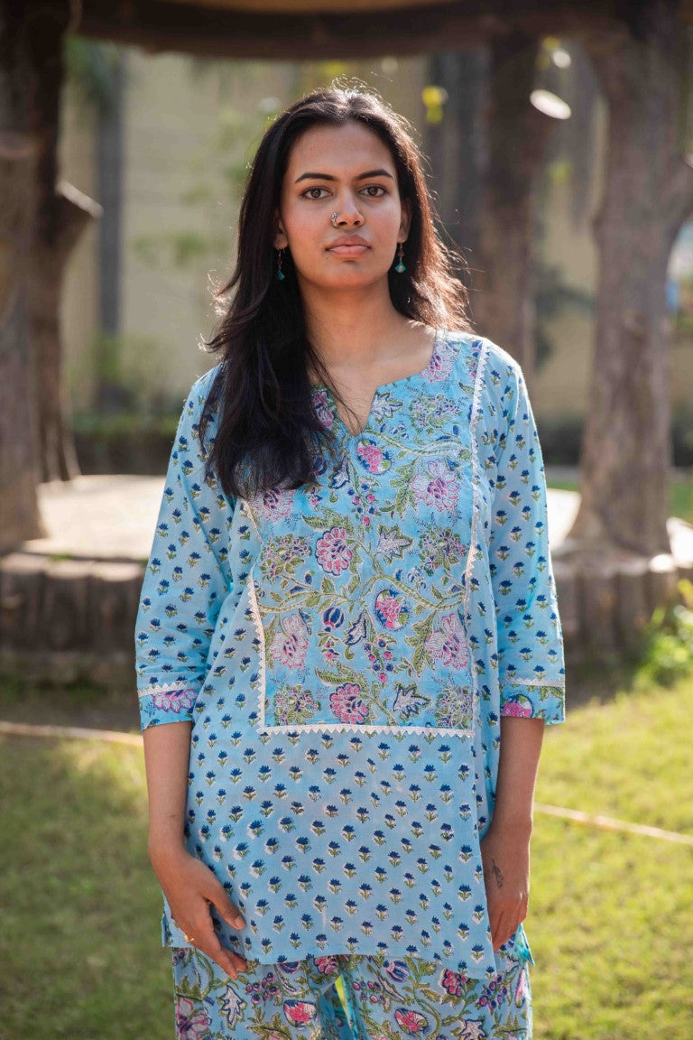 Blue Floral Handblock Print Emroydered Co-ord Set