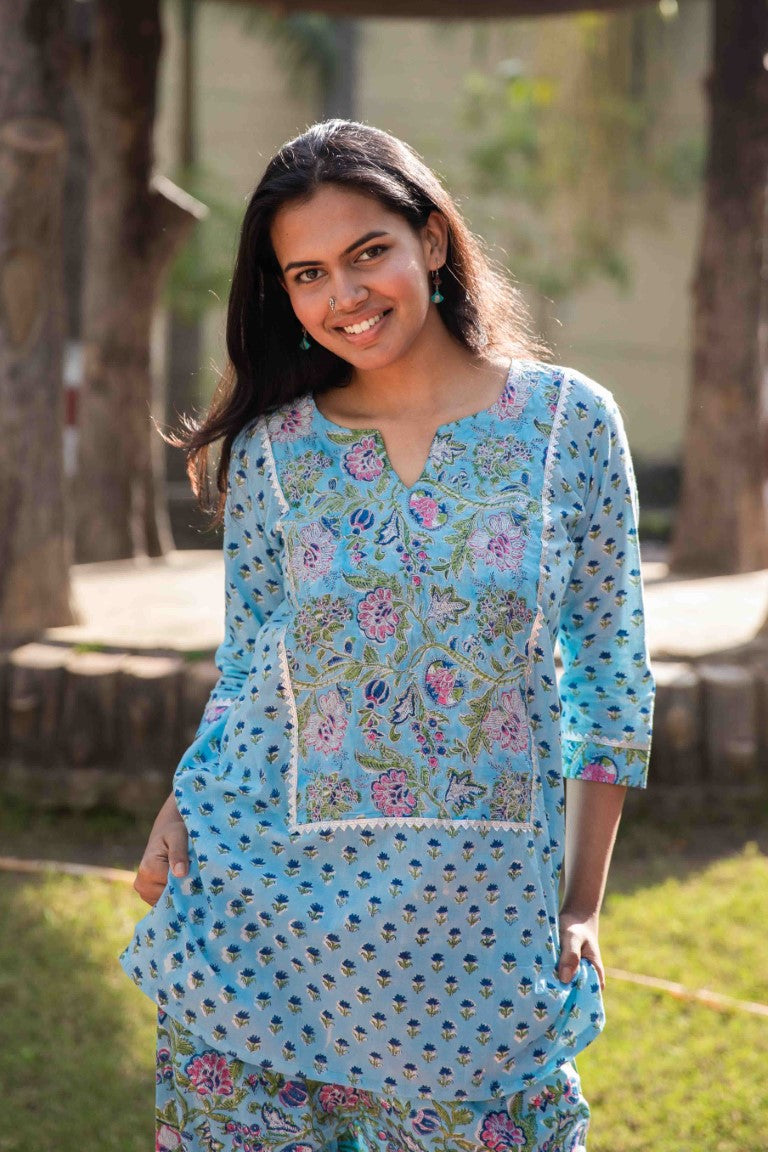 Blue Floral Handblock Print Emroydered Co-ord Set