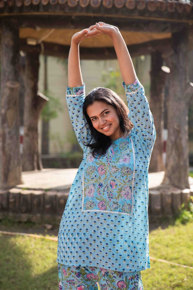 Blue Floral Handblock Print Emroydered Co-ord Set