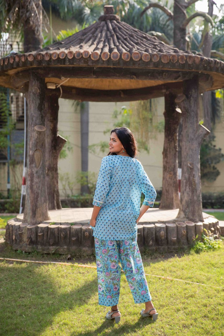 Blue Floral Handblock Print Emroydered Co-ord Set